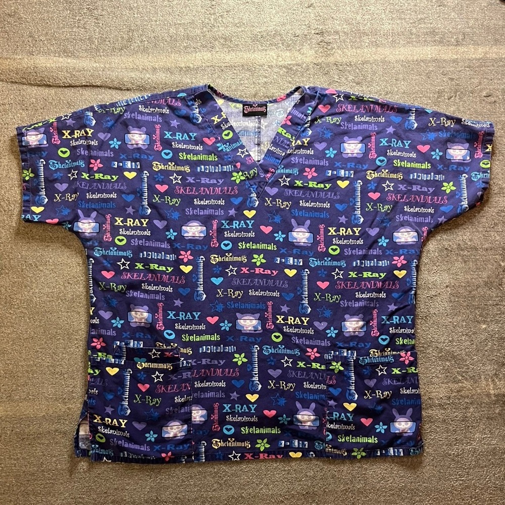 Skelanimals X-Ray Scrub Top Navy Blue V-Neck Medical Uniform Xray Tech
